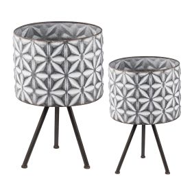 Set of 2 Metal Planter Stand,Round Galvanized Grey Farmhouse Planter - as Pic