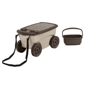 Outdoor Rolling Garden Scooter with Wheels & Pull Strap, Light Taupe - Light Taupe