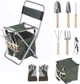 Bosonshop 9 PCS Garden Tools Set Ergonomic Wooden Handle Sturdy Stool with Detachable Tool Kit Perfect for Different Kinds of Gardening - 1
