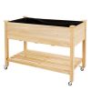 Wood Elevated Planter Bed with Lockable Wheels Shelf and Liner - Natural Wood